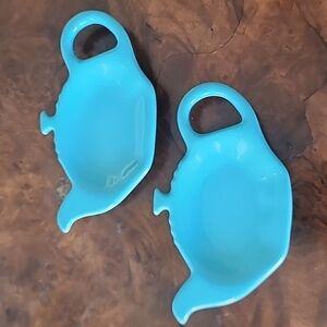 Set Of 2 - Le Creuset Turquoise Blue Tea Bag Holder Spoon Rest NEW